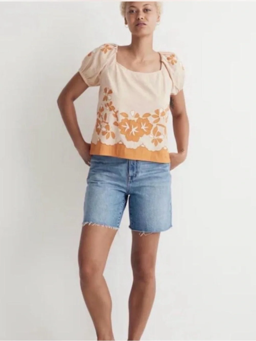 Madewell Orange Floral Embroidered Puff Sleeve Top Small Lace Up Back Rust Trim
